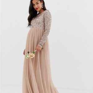 Taupe blush sequined maternity dress.